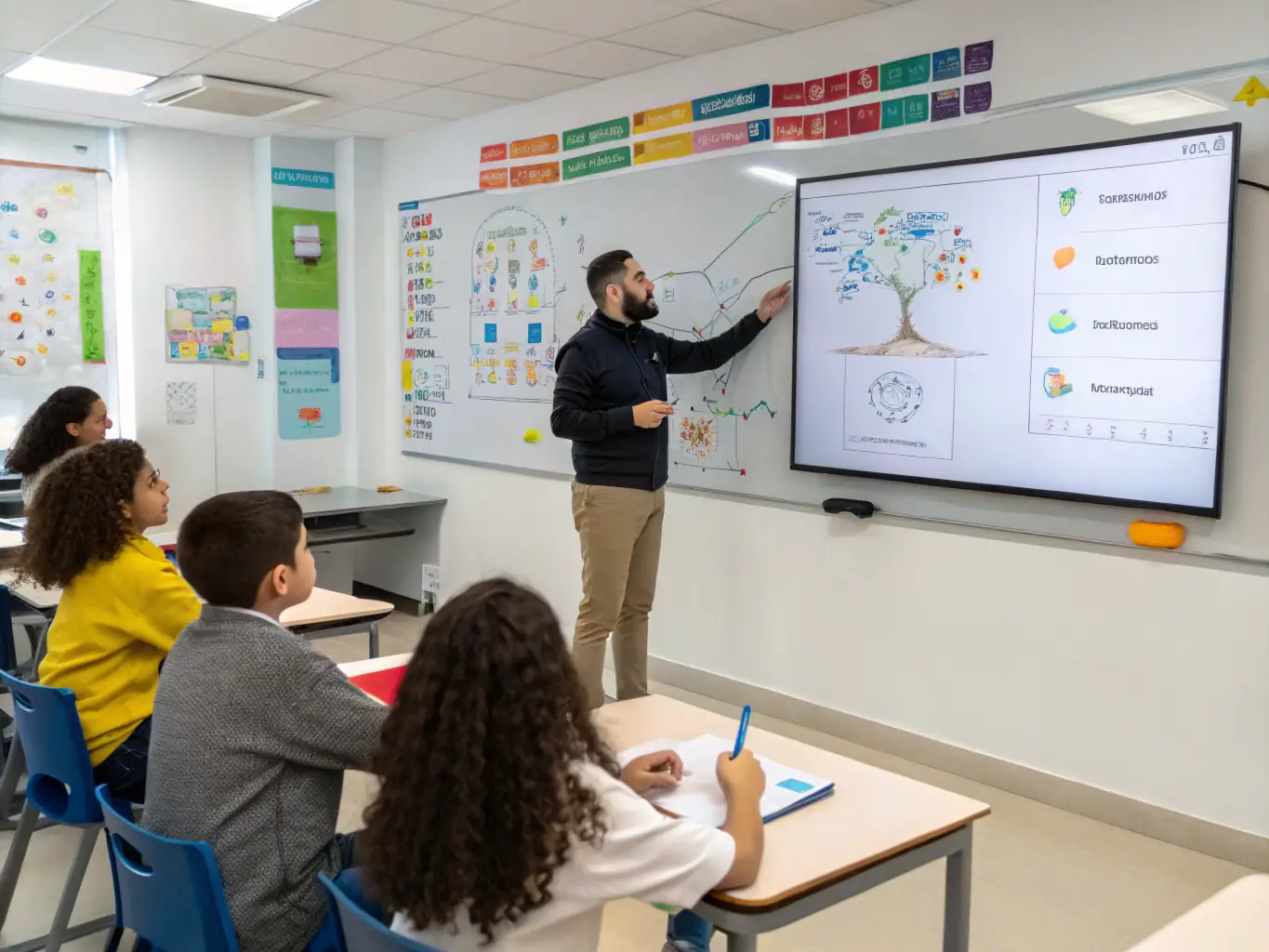 An instructor is explaining a complex JavaScript concept on a whiteboard to a group of attentive students. The whiteboard is filled with code snippets and diagrams, illustrating the logic behind the programming language. The scene conveys expertise and effective teaching.