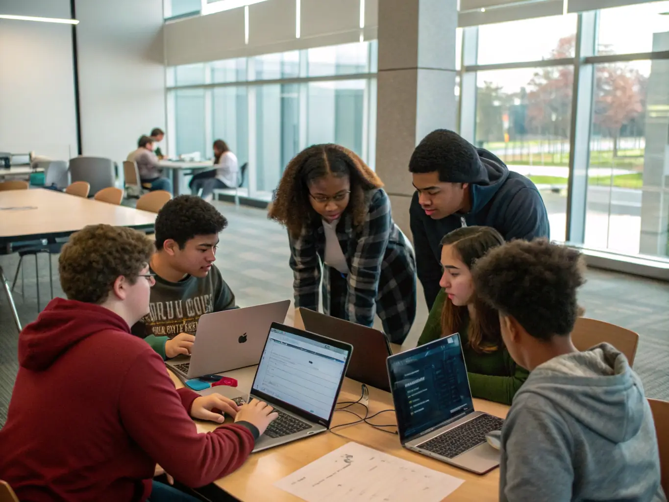 A diverse group of students collaborating on a JavaScript project in a modern, well-lit classroom setting, emphasizing teamwork and practical application of skills.