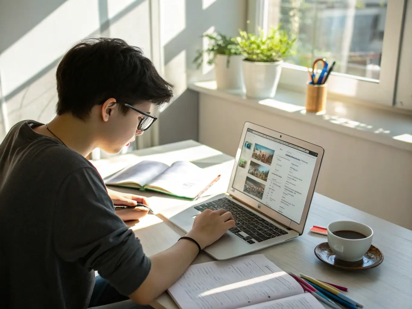 A focused student coding on a laptop, surrounded by learning resources, in a modern, well-lit classroom setting, symbolizing dedication to mastering JavaScript.