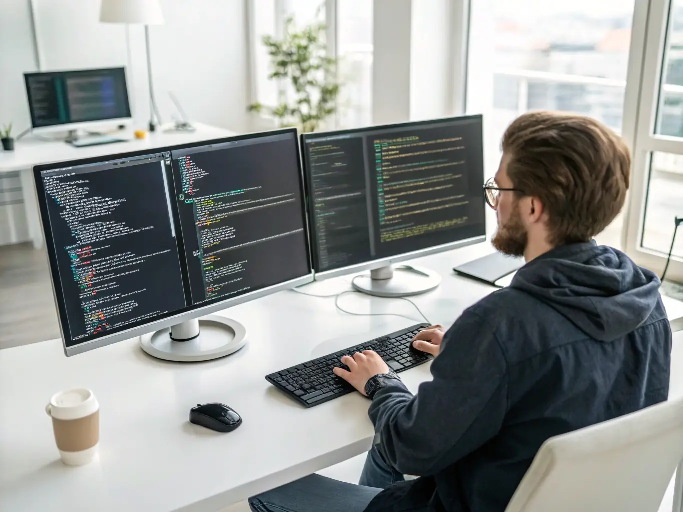 A developer is working on a complex JavaScript project, using multiple monitors and advanced development tools. The code is clean and well-organized, reflecting a professional approach to software development. The setting is a modern office space, symbolizing innovation and expertise.