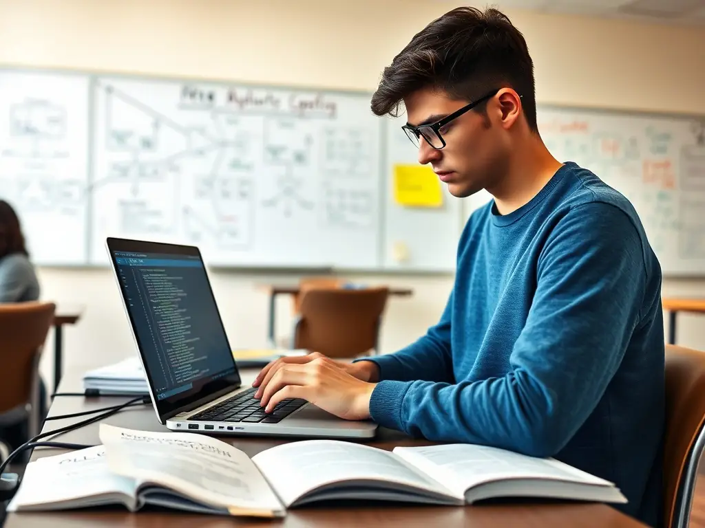 A student is coding on a laptop in a modern, well-lit classroom setting. The focus is on the screen displaying JavaScript code, with the student's hands typing diligently. The atmosphere is collaborative and engaging, reflecting a positive learning environment.